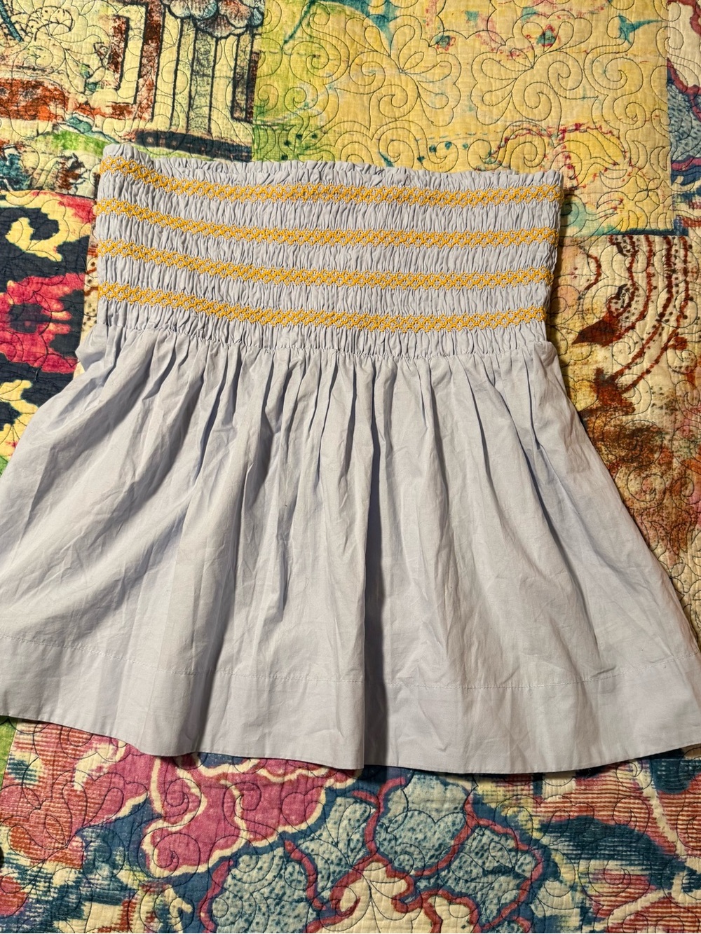 Anthropologie Light Blue Strapless Smocked Skirt with Yellow Trim